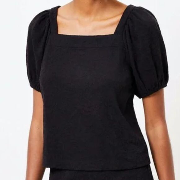 Loft Tops - Loft Black Square Neck Puff Sleeve Floral Jacquard T Shirt Top Classic Gothic L